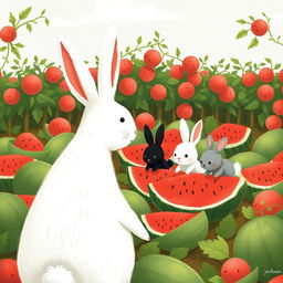 In a watermelon field, a large white rabbit observes three adorable little rabbits as they work to move watermelons