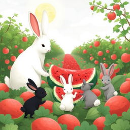 In a watermelon field, a large white rabbit observes three adorable little rabbits as they work to move watermelons