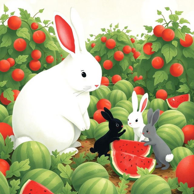 In a watermelon field, a large white rabbit observes three adorable little rabbits as they work to move watermelons