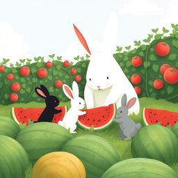 In a watermelon field, a large white rabbit observes three adorable little rabbits as they work to move watermelons
