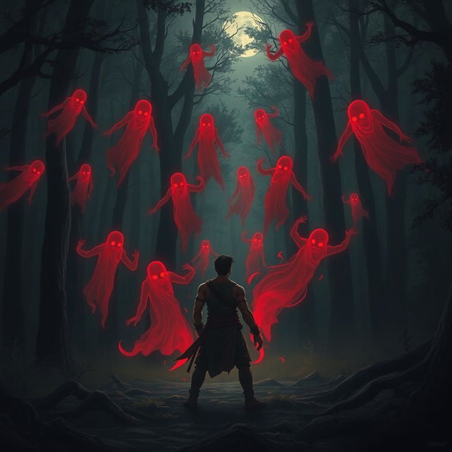 In a dark, foreboding forest, Veer stands determined, facing off against a menacing first wave of spectral red ghosts