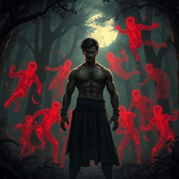In a dark, foreboding forest, Veer stands determined, facing off against a menacing first wave of spectral red ghosts