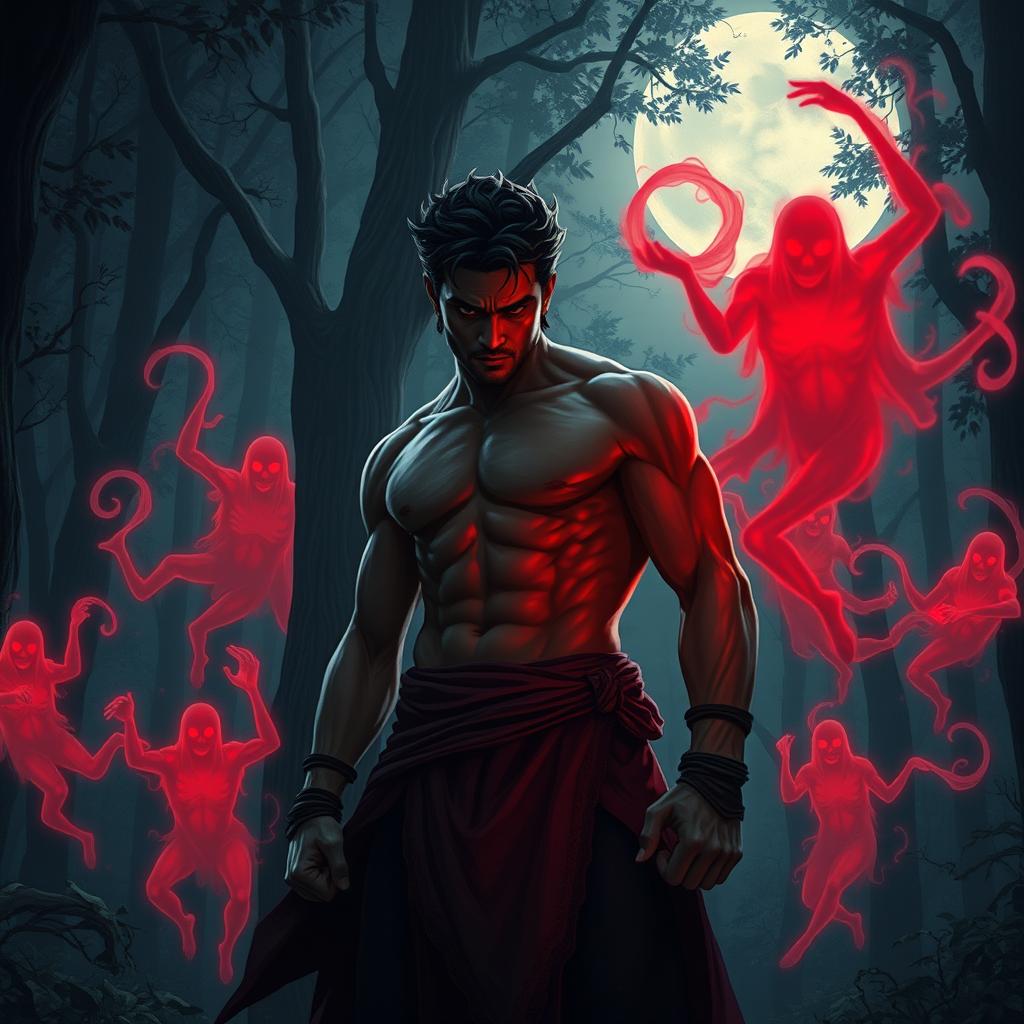 In a dark, foreboding forest, Veer stands determined, facing off against a menacing first wave of spectral red ghosts