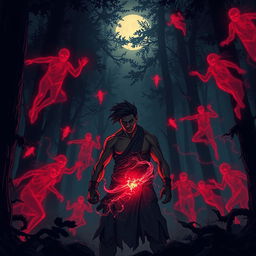 In a dark, foreboding forest, Veer stands determined, facing off against a menacing first wave of spectral red ghosts