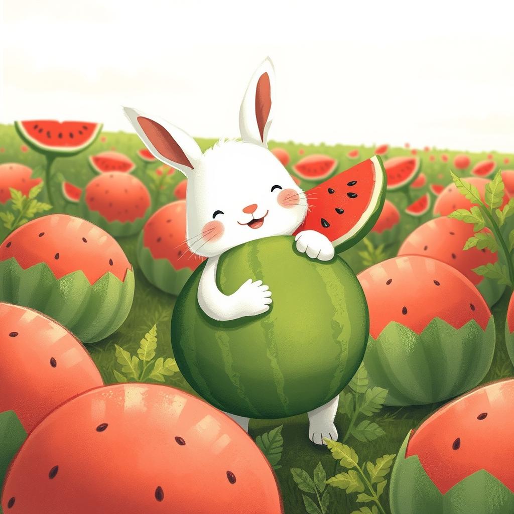 In a watermelon field, a cute little white rabbit joyfully hugs a watermelon