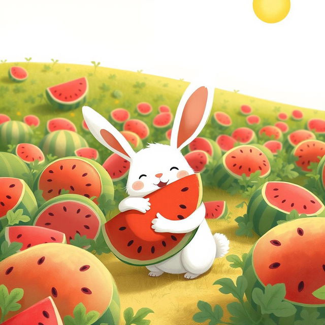 In a watermelon field, a cute little white rabbit joyfully hugs a watermelon