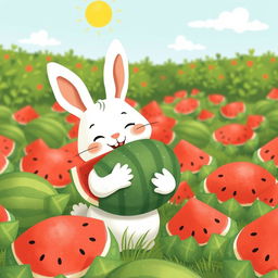 In a watermelon field, a cute little white rabbit joyfully hugs a watermelon