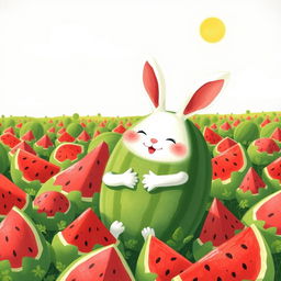 In a watermelon field, a cute little white rabbit joyfully hugs a watermelon