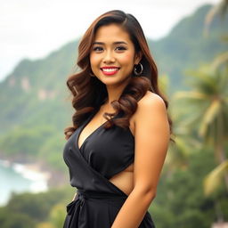 Mayang Yudittia, a beautiful 24-year-old Indonesian woman, characterized by her curvaceous figure and slim waist, showcasing her stunning beauty