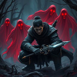 A dramatic scene depicting a fierce warrior named Veer stealthily eliminating the ominous Red Ghosts using a hidden weapon