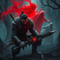 A dramatic scene depicting a fierce warrior named Veer stealthily eliminating the ominous Red Ghosts using a hidden weapon