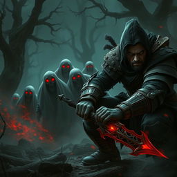A dramatic scene depicting a fierce warrior named Veer stealthily eliminating the ominous Red Ghosts using a hidden weapon