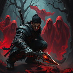 A dramatic scene depicting a fierce warrior named Veer stealthily eliminating the ominous Red Ghosts using a hidden weapon