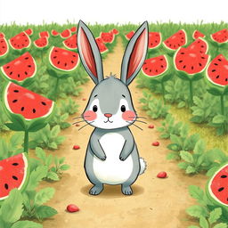 In a watermelon field, a cute little gray rabbit stands on the ground, displaying a hesitant expression