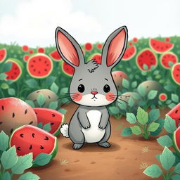 In a watermelon field, a cute little gray rabbit stands on the ground, displaying a hesitant expression