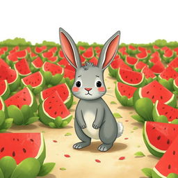 In a watermelon field, a cute little gray rabbit stands on the ground, displaying a hesitant expression
