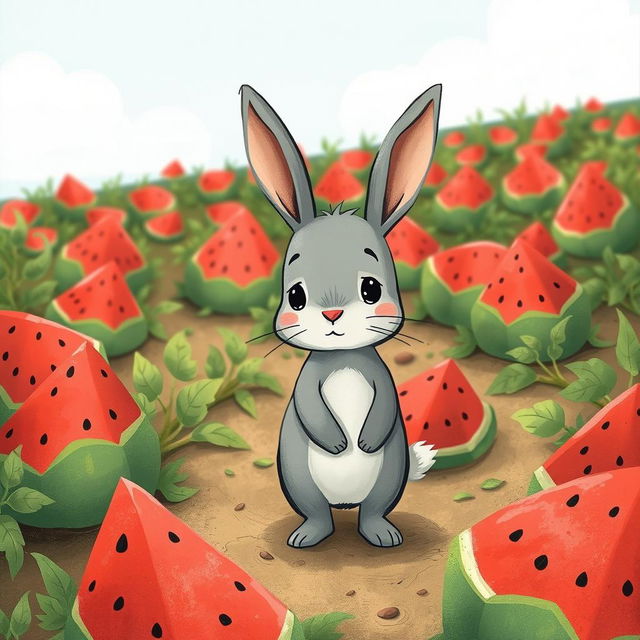 In a watermelon field, a cute little gray rabbit stands on the ground, displaying a hesitant expression