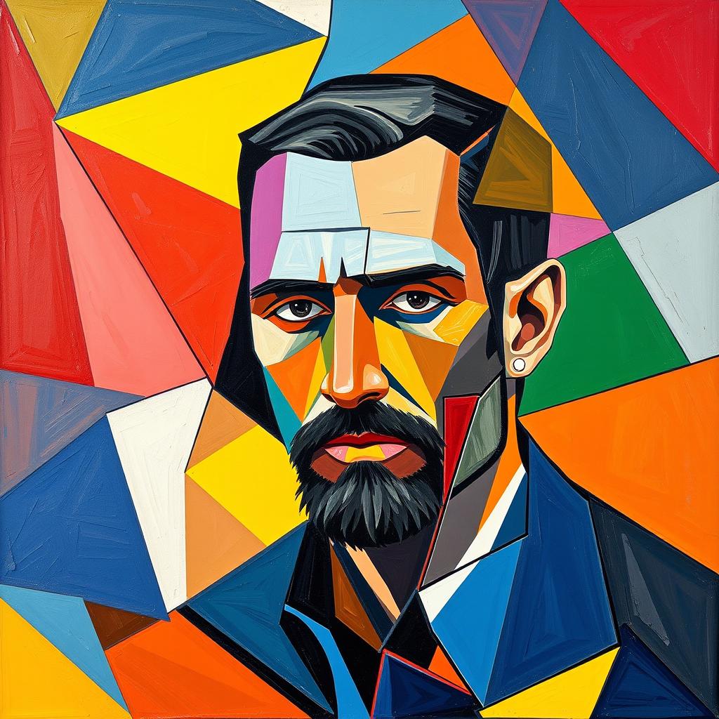 A geometric and abstract Cubism-inspired painting that transforms the subject's photo into a vibrant and colorful masterpiece