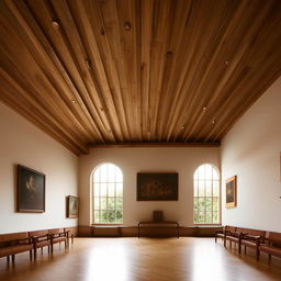 An inviting sitting lounge in an art museum, complete with a broad bay window allowing natural light to pour in, and a traditional wooden ceiling adding warmth and charm.