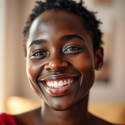 A portrait of a person with a dark complexion, smiling warmly