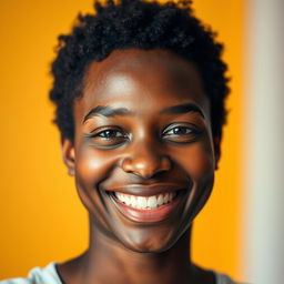 A portrait of a person with a dark complexion, smiling warmly