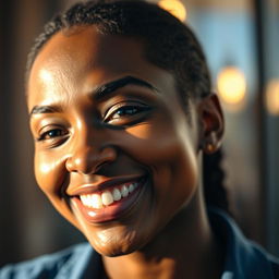 A portrait of a person with a dark complexion, smiling warmly