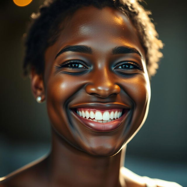 A portrait of a person with a dark complexion, smiling warmly