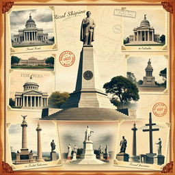 A vintage travel-themed photo collage featuring diverse monuments dedicated to Jose Rizal