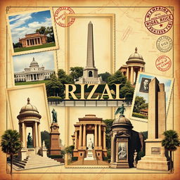 A vintage travel-themed photo collage featuring diverse monuments dedicated to Jose Rizal
