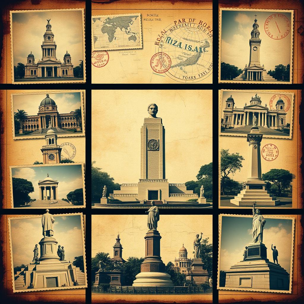 A vintage travel-themed photo collage featuring diverse monuments dedicated to Jose Rizal