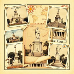 A vintage travel-themed photo collage featuring diverse monuments dedicated to Jose Rizal