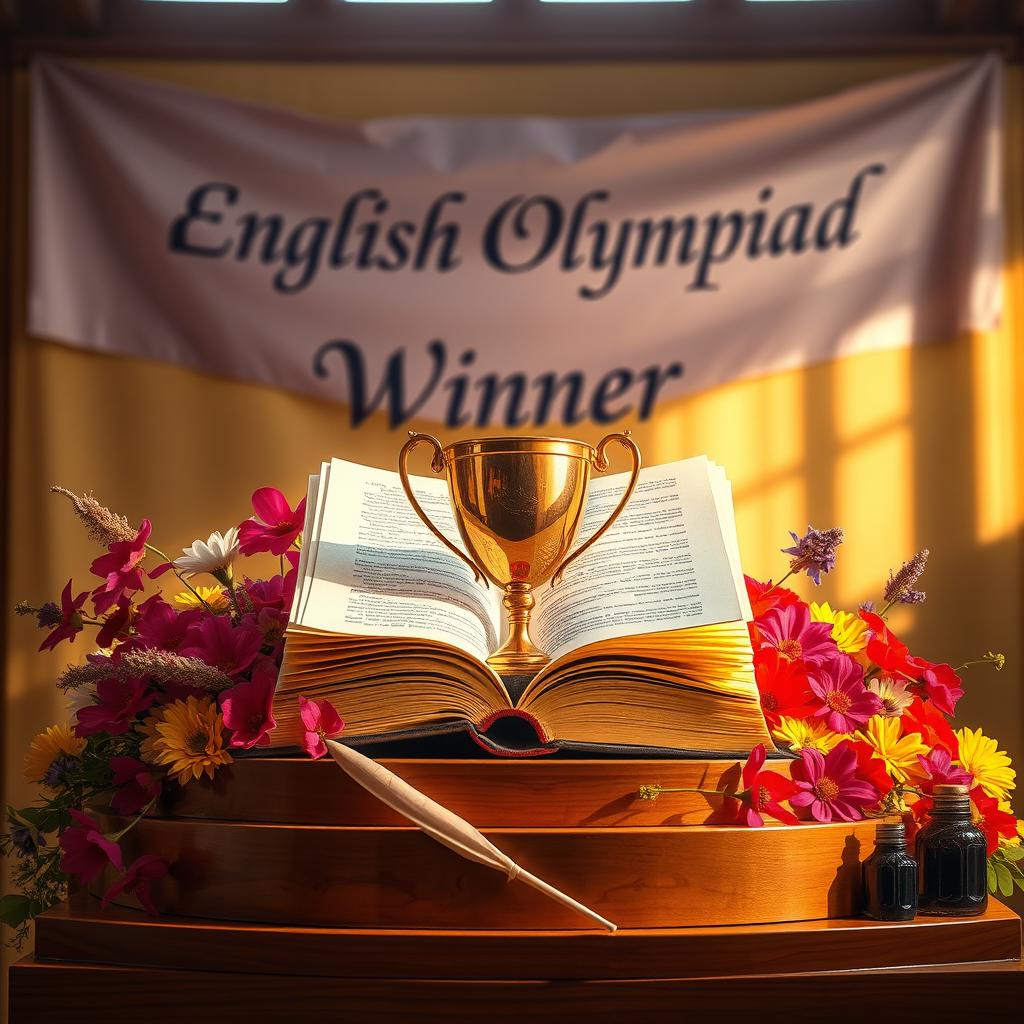 A trophy in the shape of an open book, symbolizing knowledge and achievement in English literature, resting on a wooden podium surrounded by flowers in vibrant colors