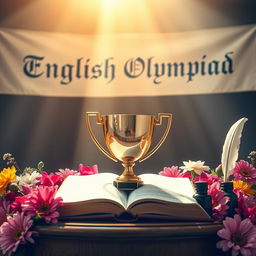A trophy in the shape of an open book, symbolizing knowledge and achievement in English literature, resting on a wooden podium surrounded by flowers in vibrant colors