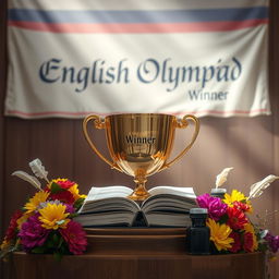 A trophy in the shape of an open book, symbolizing knowledge and achievement in English literature, resting on a wooden podium surrounded by flowers in vibrant colors