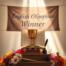 A trophy in the shape of an open book, symbolizing knowledge and achievement in English literature, resting on a wooden podium surrounded by flowers in vibrant colors