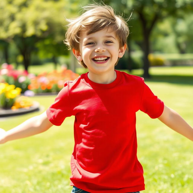 A vibrant and playful scene featuring a young boy joyfully wearing a t-shirt that dramatically changes color to red