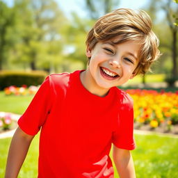 A vibrant and playful scene featuring a young boy joyfully wearing a t-shirt that dramatically changes color to red