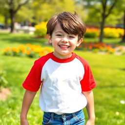 A vibrant and playful scene featuring a young boy joyfully wearing a t-shirt that dramatically changes color to red