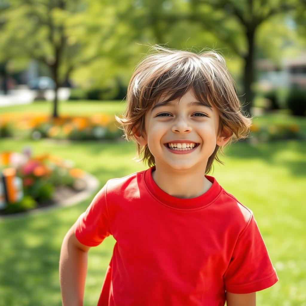 A vibrant and playful scene featuring a young boy joyfully wearing a t-shirt that dramatically changes color to red