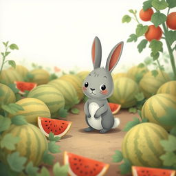 In a watermelon field, a cute little gray rabbit stands on the ground with a hesitant expression