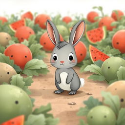 In a watermelon field, a cute little gray rabbit stands on the ground with a hesitant expression