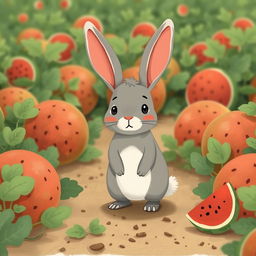 In a watermelon field, a cute little gray rabbit stands on the ground with a hesitant expression