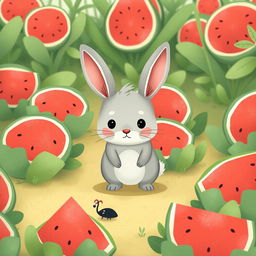 In a watermelon field, a cute little gray rabbit stands on the ground with a hesitant expression