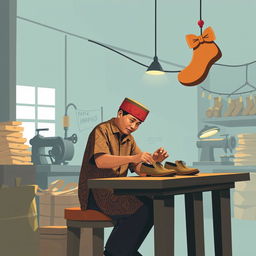Sebuah ilustrasi menawan untuk desain kartu ucapan dengan tema pembuat pola sepatu pria yang sedang bekerja di pabrik, berlatar belakang budaya Jawa Indonesia