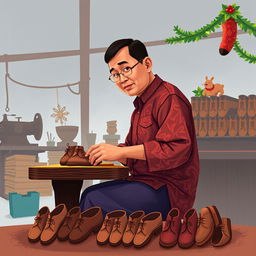 Sebuah ilustrasi menawan untuk desain kartu ucapan dengan tema pembuat pola sepatu pria yang sedang bekerja di pabrik, berlatar belakang budaya Jawa Indonesia