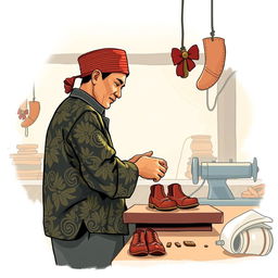 Sebuah ilustrasi menawan untuk desain kartu ucapan dengan tema pembuat pola sepatu pria yang sedang bekerja di pabrik, berlatar belakang budaya Jawa Indonesia