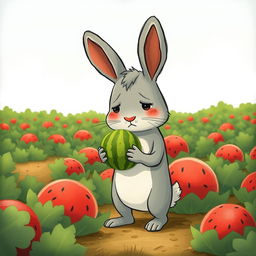 Beside a watermelon field, a cute little gray rabbit stands holding a small watermelon with a look of frustration