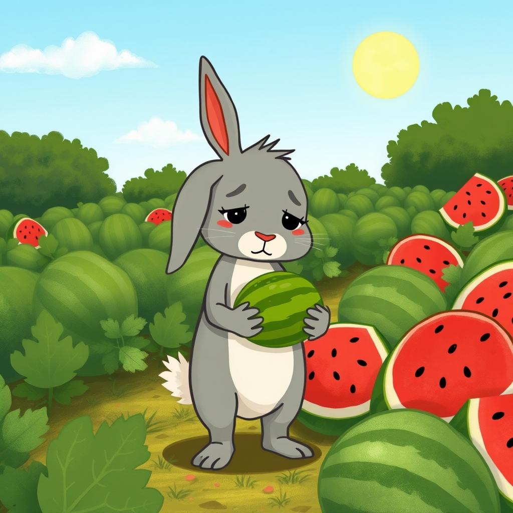 Beside a watermelon field, a cute little gray rabbit stands holding a small watermelon with a look of frustration