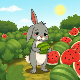 Beside a watermelon field, a cute little gray rabbit stands holding a small watermelon with a look of frustration