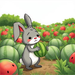 Beside a watermelon field, a cute little gray rabbit stands holding a small watermelon with a look of frustration